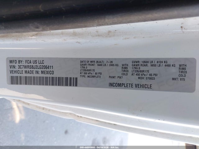 44893988 :رقم المزاد ، 3C7WRSBJ2LG206411 vin ، 2020 Ram 3500 Chassis Tradesman/slt مزاد بيع