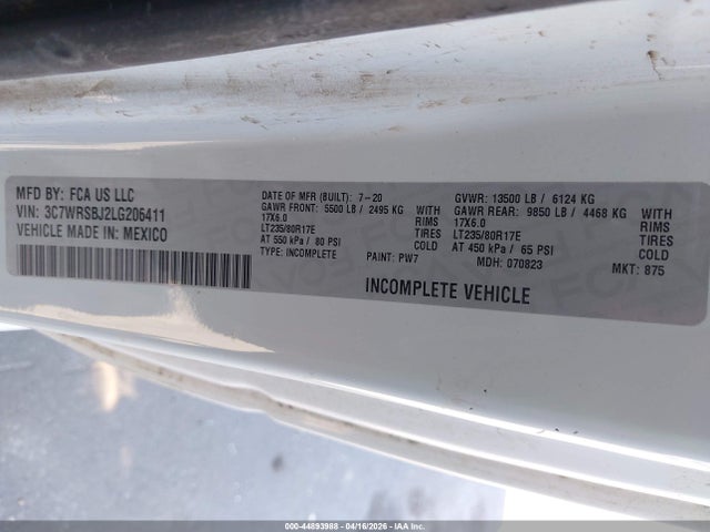 44893988 :رقم المزاد ، 3C7WRSBJ2LG206411 vin ، 2020 Ram 3500 Chassis Tradesman/slt مزاد بيع