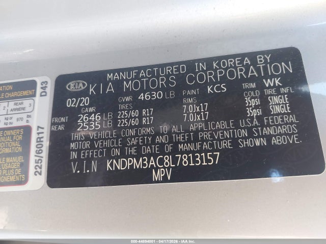Продажа на аукционе авто 2020 Kia Sportage Lx, vin: KNDPM3AC8L7813157, номер лота: 44894001