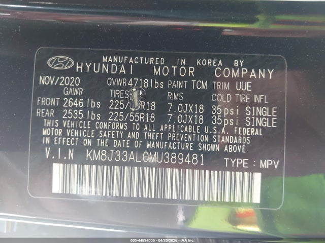 Aukcja sprzedaży 2021 Hyundai Tucson Ultimate, vin: KM8J33AL0MU389481, numer aukcji: 44894005