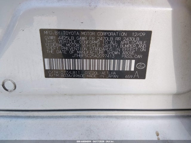 44894006 :رقم المزاد ، JTHBF5C25A2097413 vin ، 2010 Lexus Is 250 مزاد بيع