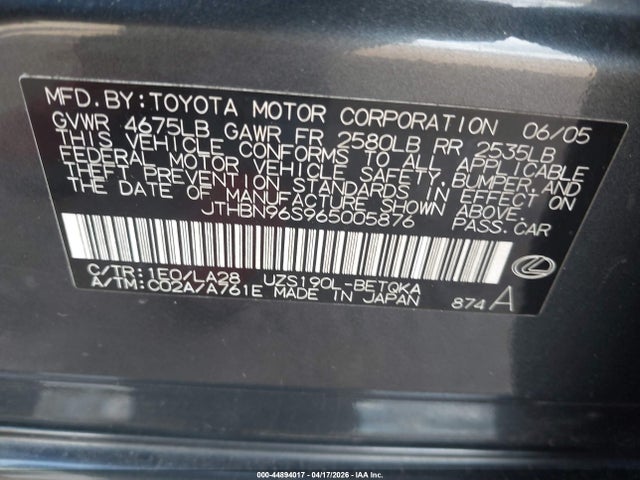 44894017 :رقم المزاد ، JTHBN96S965005876 vin ، 2006 Lexus Gs 430 مزاد بيع