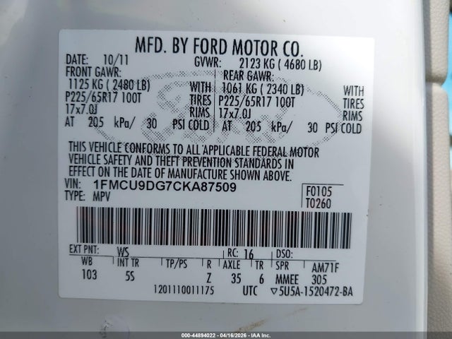 2012 FORD ESCAPE 1FMCU9DG7CKA87509 Photo 8