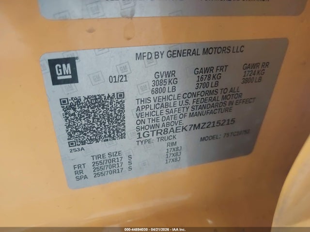 Aukcja sprzedaży 2021 Gmc Sierra 1500, vin: 1GTR8AEK7MZ215215, numer aukcji: 44894030
