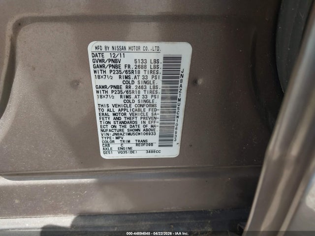 Aukcja sprzedaży 2012 Nissan Murano S, vin: JN8AZ1MU5CW106933, numer aukcji: 44894048