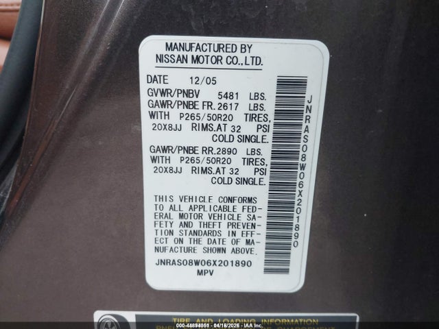 2006 Infiniti Fx35 მანქანა იყიდება აუქციონზე, vin: JNRAS08W06X201890, აუქციონის ნომერი: 44894051