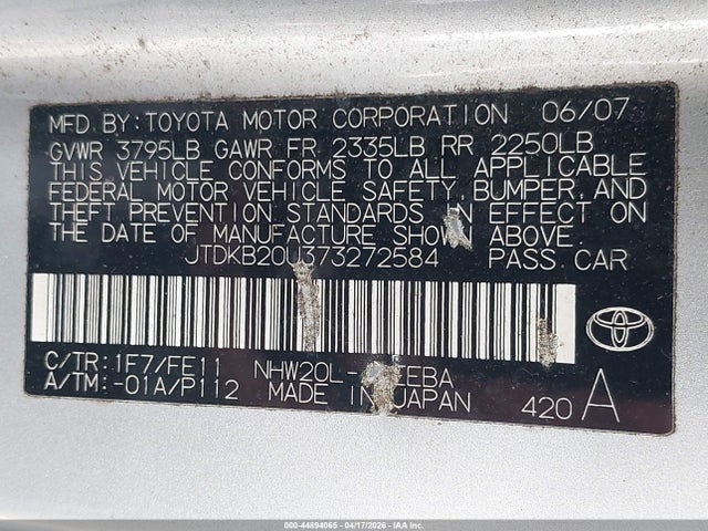 2007 Toyota Prius მანქანა იყიდება აუქციონზე, vin: JTDKB20U373272584, აუქციონის ნომერი: 44894065