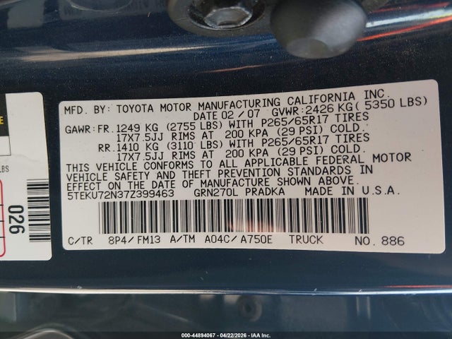 Aukcja sprzedaży 2007 Toyota Tacoma Prerunner V6, vin: 5TEKU72N37Z399463, numer aukcji: 44894067
