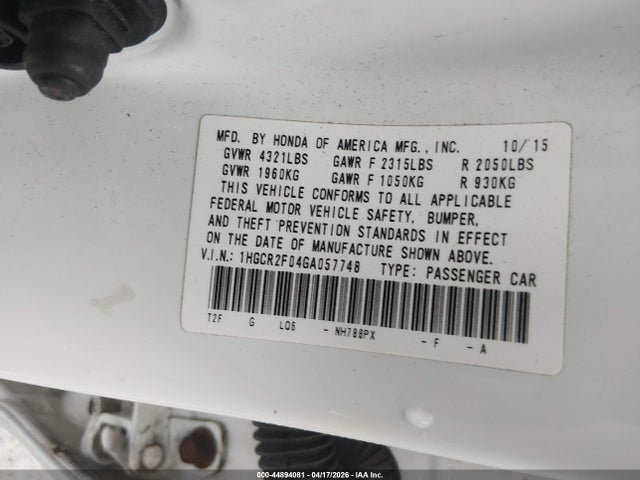 Продаж на аукціоні авто 2016 Honda Accord Ex, vin: 1HGCR2F04GA057748, номер лоту: 44894081