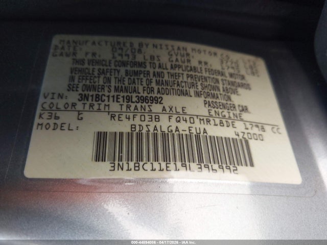 44894086 :رقم المزاد ، 3N1BC11E19L396992 vin ، 2009 Nissan Versa 1.8sl مزاد بيع