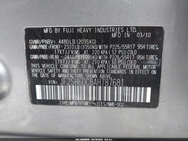 Продажа на аукционе авто 2010 Subaru Forester 2.5x Limited, vin: JF2SH6DC8AH787681, номер лота: 44894089
