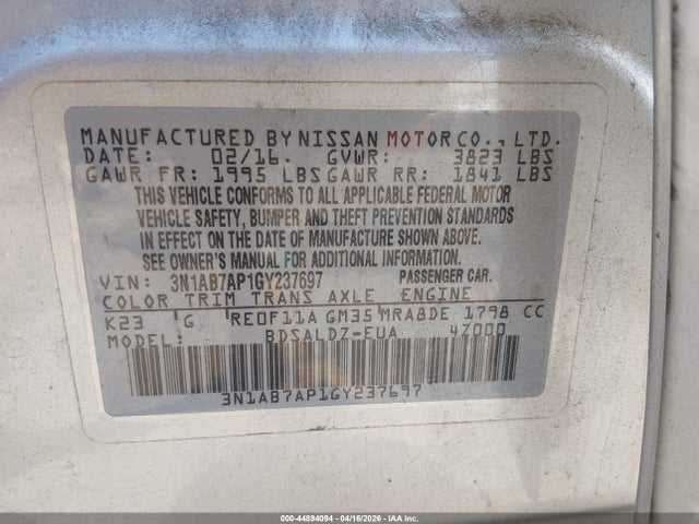 44894094 :رقم المزاد ، 3N1AB7AP1GY237697 vin ، 2016 Nissan Sentra Sv مزاد بيع