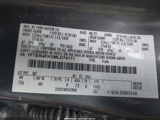 Продаж на аукціоні авто 2021 Ford Ranger Xlt, vin: 1FTER4FH3MLD74171, номер лоту: 44894102