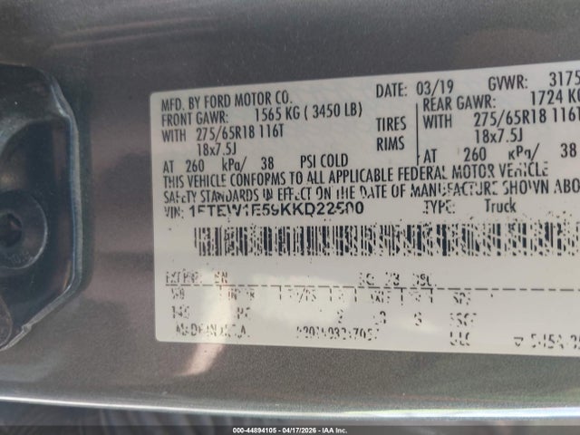 Aukcja sprzedaży 2019 Ford F-150 Lariat, vin: 1FTEW1E59KKD22500, numer aukcji: 44894105