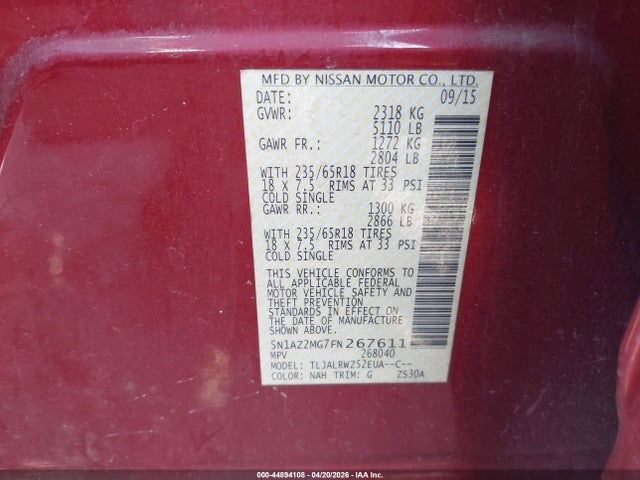 Aukcja sprzedaży 2015 Nissan Murano Sl, vin: 5N1AZ2MG7FN267611, numer aukcji: 44894108