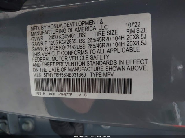 5FNYF8H56NB031360 Honda Passport Awd Ex-l