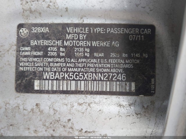 Aukcja sprzedaży 2011 Bmw 328i Xdrive, vin: WBAPK5G5XBNN27246, numer aukcji: 44894111
