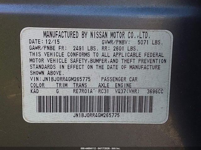 Aukcja sprzedaży 2016 Infiniti Qx50, vin: JN1BJ0RR4GM265775, numer aukcji: 44894112