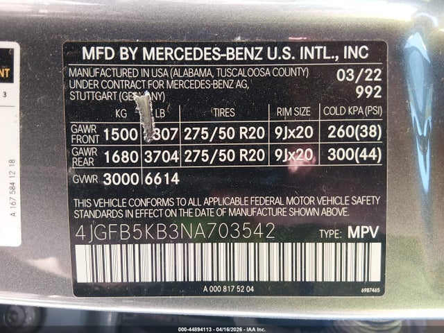 Aukcja sprzedaży 2022 Mercedes-benz Gle 450 4matic, vin: 4JGFB5KB3NA703542, numer aukcji: 44894113