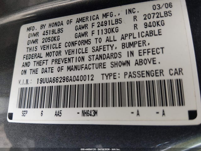 Продаж на аукціоні авто 2006 Acura Tl, vin: 19UUA66296A040012, номер лоту: 44894125