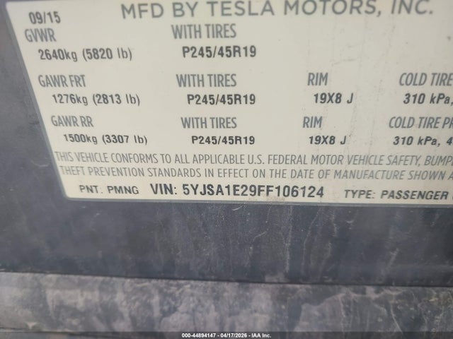 2015 Tesla Model S 70d/85d/p85d მანქანა იყიდება აუქციონზე, vin: 5YJSA1E29FF106124, აუქციონის ნომერი: 44894147
