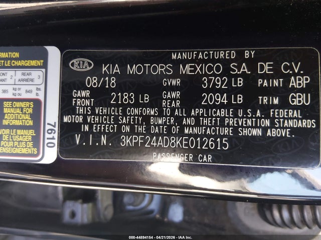44894154 :رقم المزاد ، 3KPF24AD8KE012615 vin ، 2019 Kia Forte Lxs مزاد بيع