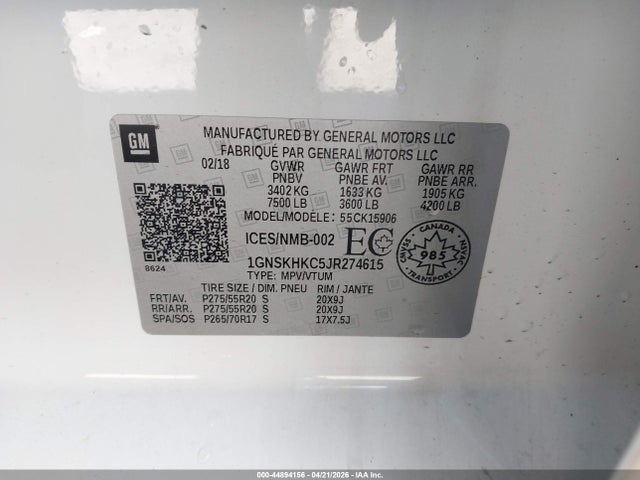 44894156 :رقم المزاد ، 1GNSKHKC5JR274615 vin ، 2018 Chevrolet Suburban Lt مزاد بيع
