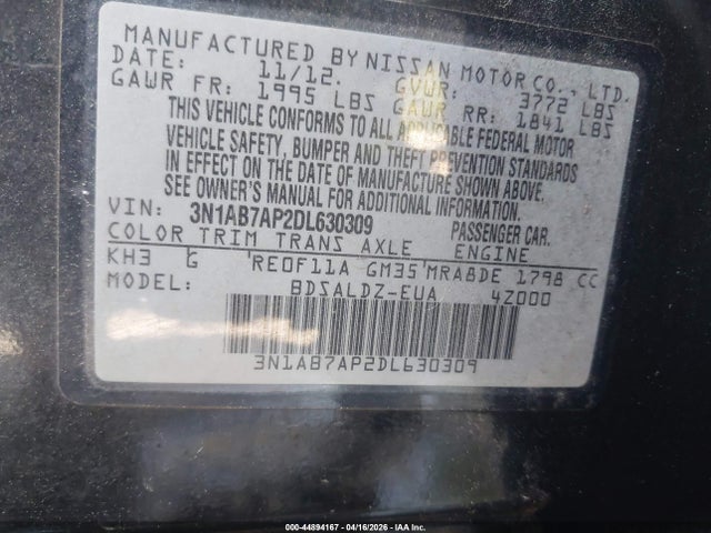 Aukcja sprzedaży 2013 Nissan Sentra Sv, vin: 3N1AB7AP2DL630309, numer aukcji: 44894167
