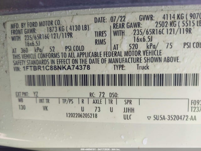 44894181 :رقم المزاد ، 1FTBR1C88NKA74378 vin ، 2022 Ford Transit-250 مزاد بيع