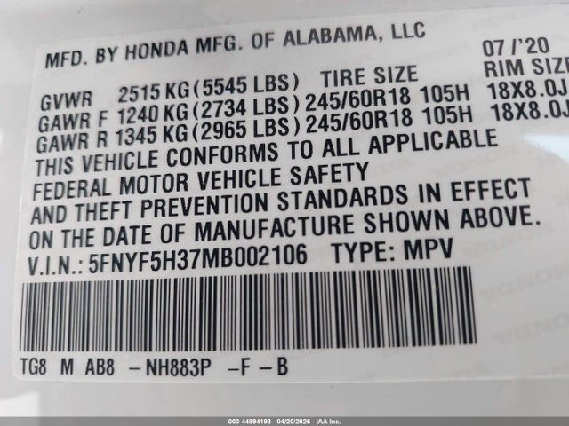2021 Honda Pilot 2wd Ex მანქანა იყიდება აუქციონზე, vin: 5FNYF5H37MB002106, აუქციონის ნომერი: 44894193