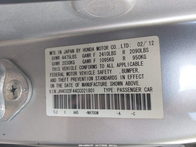 Продажа на аукционе авто 2012 Acura Tsx 2.4, vin: JH4CU2F44CC021801, номер лота: 44894197