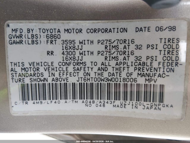 Aukcja sprzedaży 1998 Lexus Lx 470, vin: JT6HT00W3W0018006, numer aukcji: 44894206
