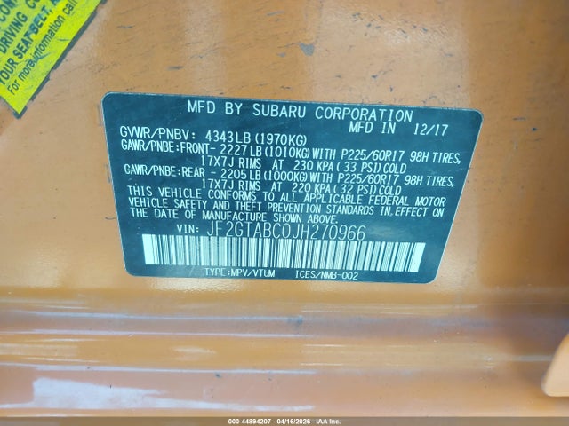 44894207 :رقم المزاد ، JF2GTABC0JH270966 vin ، 2018 Subaru Crosstrek 2.0i Premium مزاد بيع
