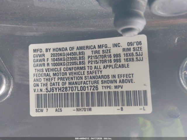 2007 HONDA ELEMENT 5J6YH28707L001726 Photo 8