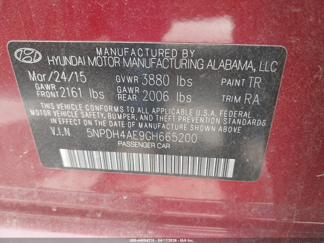 5NPDH4AE9GH665200 Hyundai ELANTRA SE