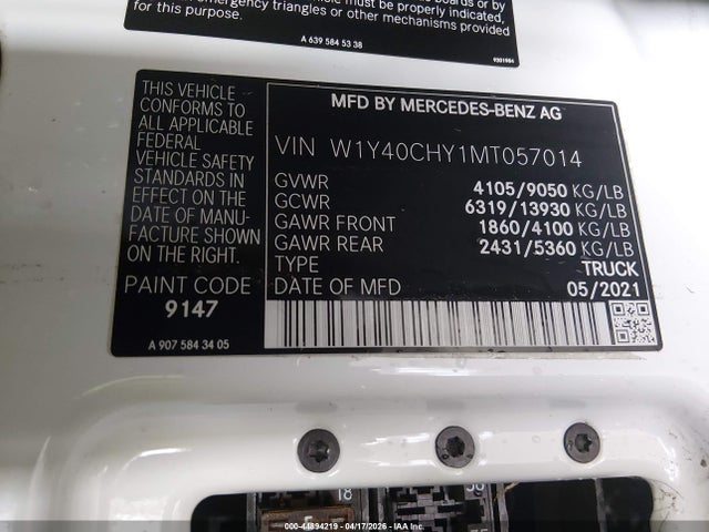 Aukcja sprzedaży 2021 Mercedes-benz Sprinter 2500 High Roof I4, vin: W1Y40CHY1MT057014, numer aukcji: 44894219