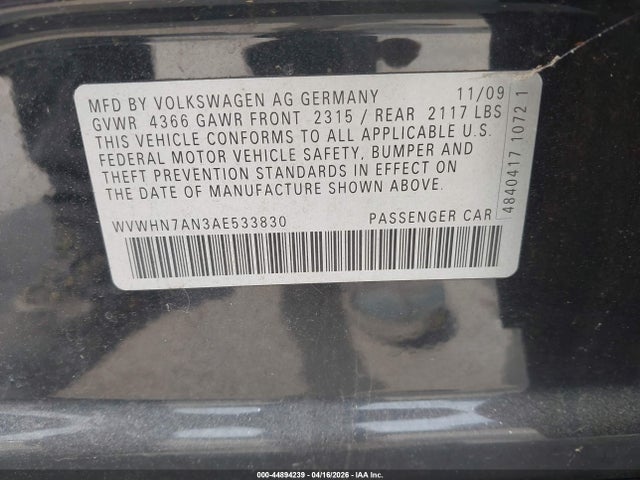 Aukcja sprzedaży 2010 Volkswagen Cc Luxury, vin: WVWHN7AN3AE533830, numer aukcji: 44894239
