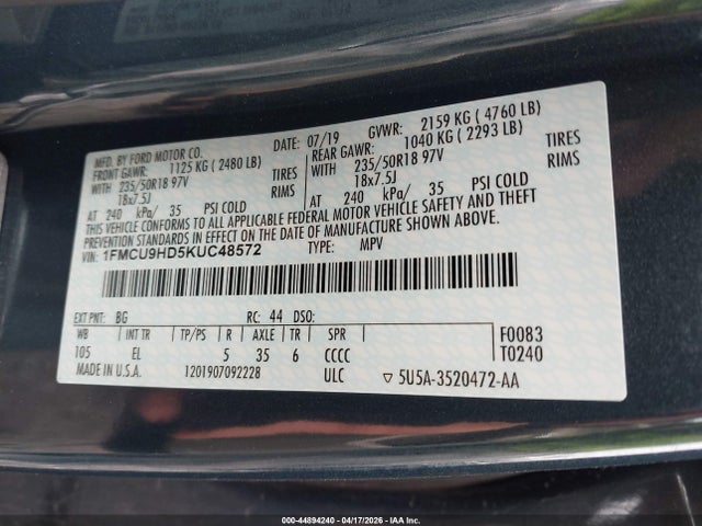 Aukcja sprzedaży 2019 Ford Escape Sel, vin: 1FMCU9HD5KUC48572, numer aukcji: 44894240