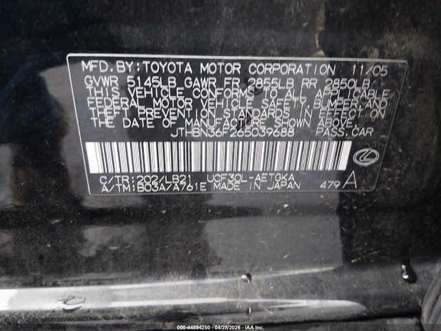 44894250 :رقم المزاد ، JTHBN36F265039688 vin ، 2006 Lexus Ls 430 مزاد بيع