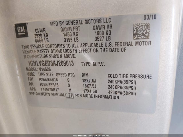 Продаж на аукціоні авто 2010 Chevrolet Traverse Lt, vin: 1GNLVGED3AJ209013, номер лоту: 44894260