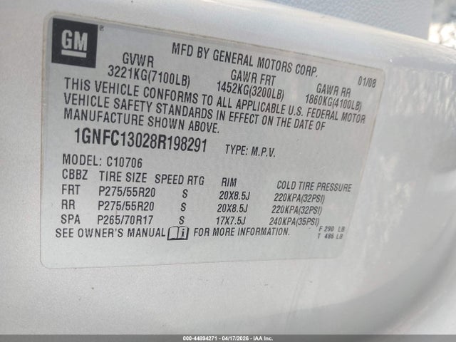 Aukcja sprzedaży 2008 Chevrolet Tahoe Ltz, vin: 1GNFC13028R198291, numer aukcji: 44894271
