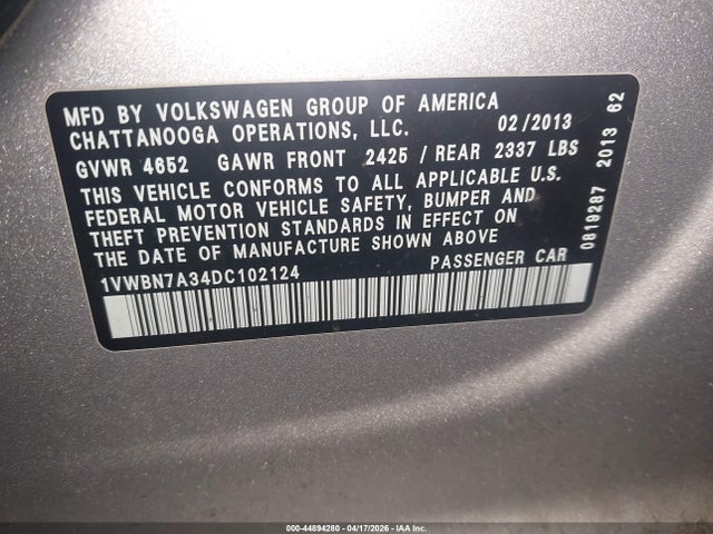 44894280 :رقم المزاد ، 1VWBN7A34DC102124 vin ، 2013 Volkswagen Passat 2.0l Tdi Se مزاد بيع
