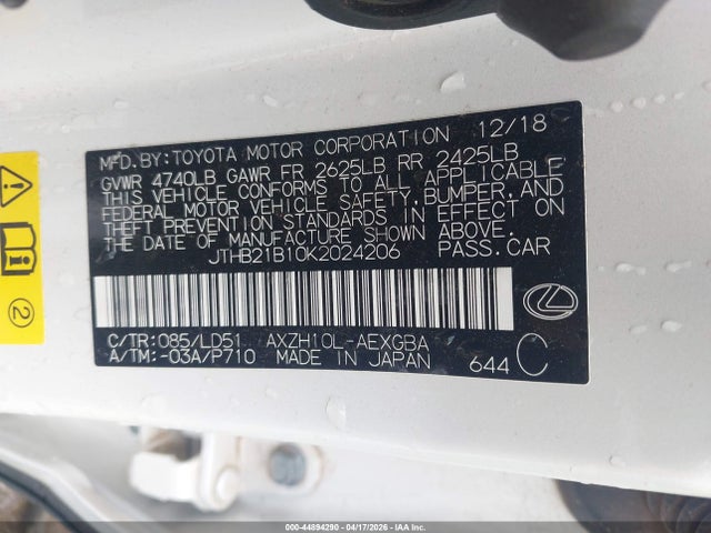 Aukcja sprzedaży 2019 Lexus Es 300h, vin: JTHB21B10K2024206, numer aukcji: 44894290