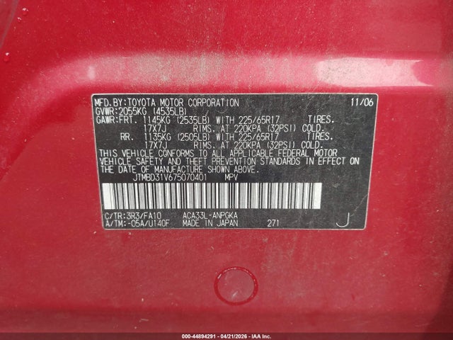 Aukcja sprzedaży 2007 Toyota Rav4 Limited, vin: JTMBD31V675070401, numer aukcji: 44894291
