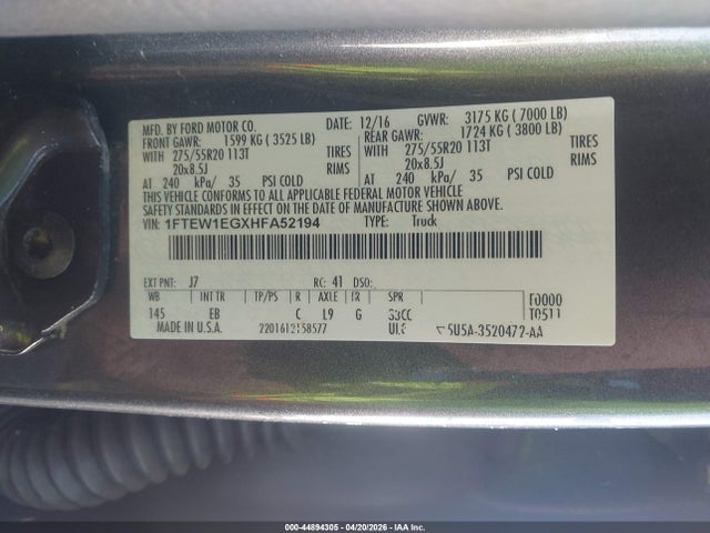 Продаж на аукціоні авто 2017 Ford F-150 Lariat, vin: 1FTEW1EGXHFA52194, номер лоту: 44894305