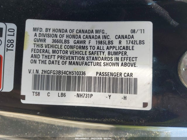 44894311 :رقم المزاد ، 2HGFG3B54CH510336 vin ، 2012 Honda Civic Lx مزاد بيع