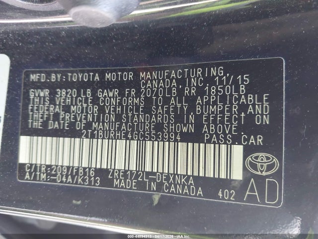 Toyota COROLLA LE 2016 2T1BURHE4GC553994 Image 9