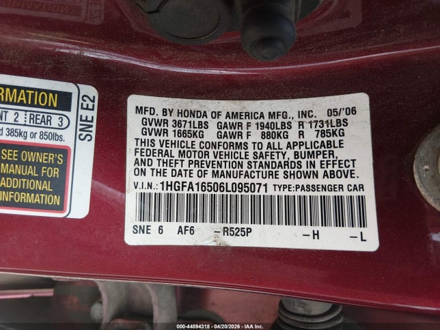 Aukcja sprzedaży 2006 Honda Civic Lx, vin: 1HGFA16506L095071, numer aukcji: 44894318