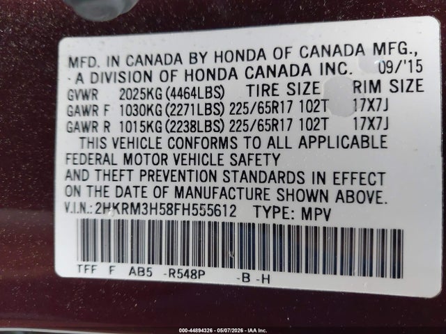 Продаж на аукціоні авто 2015 Honda Cr-v Ex, vin: 2HKRM3H58FH555612, номер лоту: 44894326