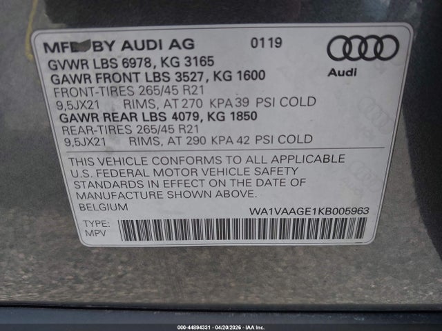 44894331 :رقم المزاد ، WA1VAAGE1KB005963 vin ، 2019 Audi E-tron Premium Plus مزاد بيع